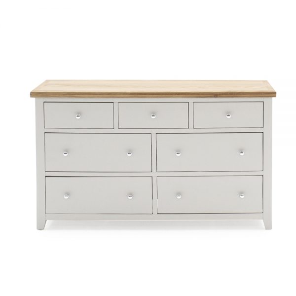 painted grey wooden 7 drawer wide chest dresser