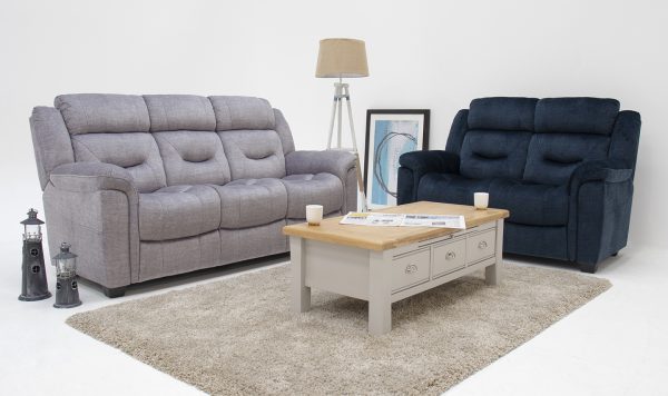 Vida Living Dudley Recliner 2 and 3 seater plush fabric blue navy grey sofa Luxury Sofas Belfast