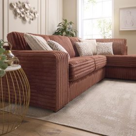 Layton corner sofa in soft foxy corduroy fabric with scatter cushions.