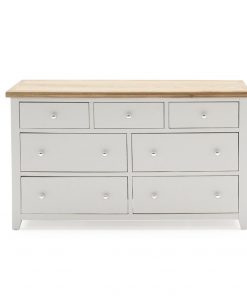 painted grey wooden 7 drawer wide chest dresser