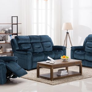 Vida Living Dudley Recliner 2 and 3 seater plush fabric blue navy sofa Luxury Sofas Belfast