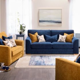 Oscar 3 seater sofa with Love Chair sofa in mustard yellow and blue fabric. Furniture sofas Belfast