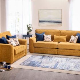 Oscar Sofa 4 seater and love chair in mustard cinnamon yellow fabric